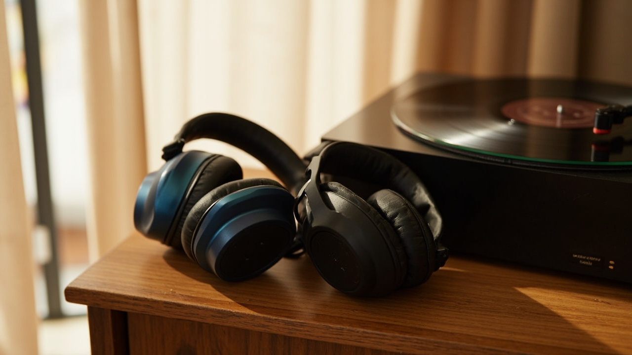 Side-by-side: AirPods Max 2 and Px8 S2 resting on a side table next to a vinyl record player, with an Apple device on the left and a hi-res DAP on the right