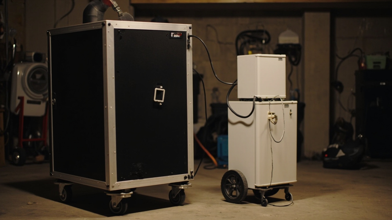 Anker SOLIX F3800 and Bluetti AC300 + B300 portable power stations placed side by side in a garage, with a refrigerator and small appliances running in the background