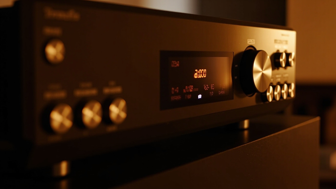 Two flagship AV receivers side by side on a wood rack with HDMI cables, soft studio lighting, no text, no logos emphasized