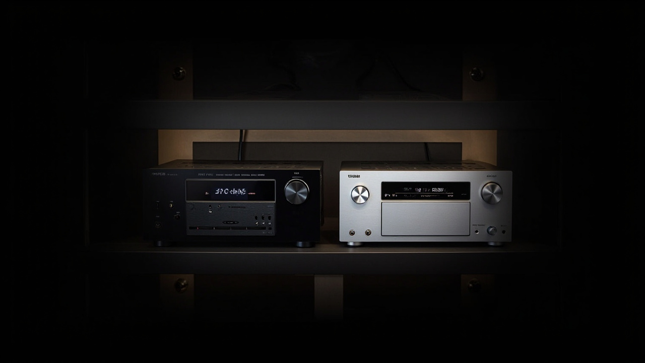 Anthem MRX 1140 8K and Yamaha RX-A8A side by side on an audio rack, studio product shot, soft side lighting, no logos visible on screens or panels