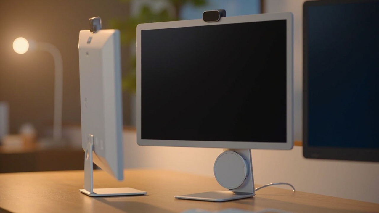 Two 27-inch and 32-inch professional monitors side by side on a clean modern desk, one with a built-in webcam and slim bezels, the other a larger matte panel with a wired control puck