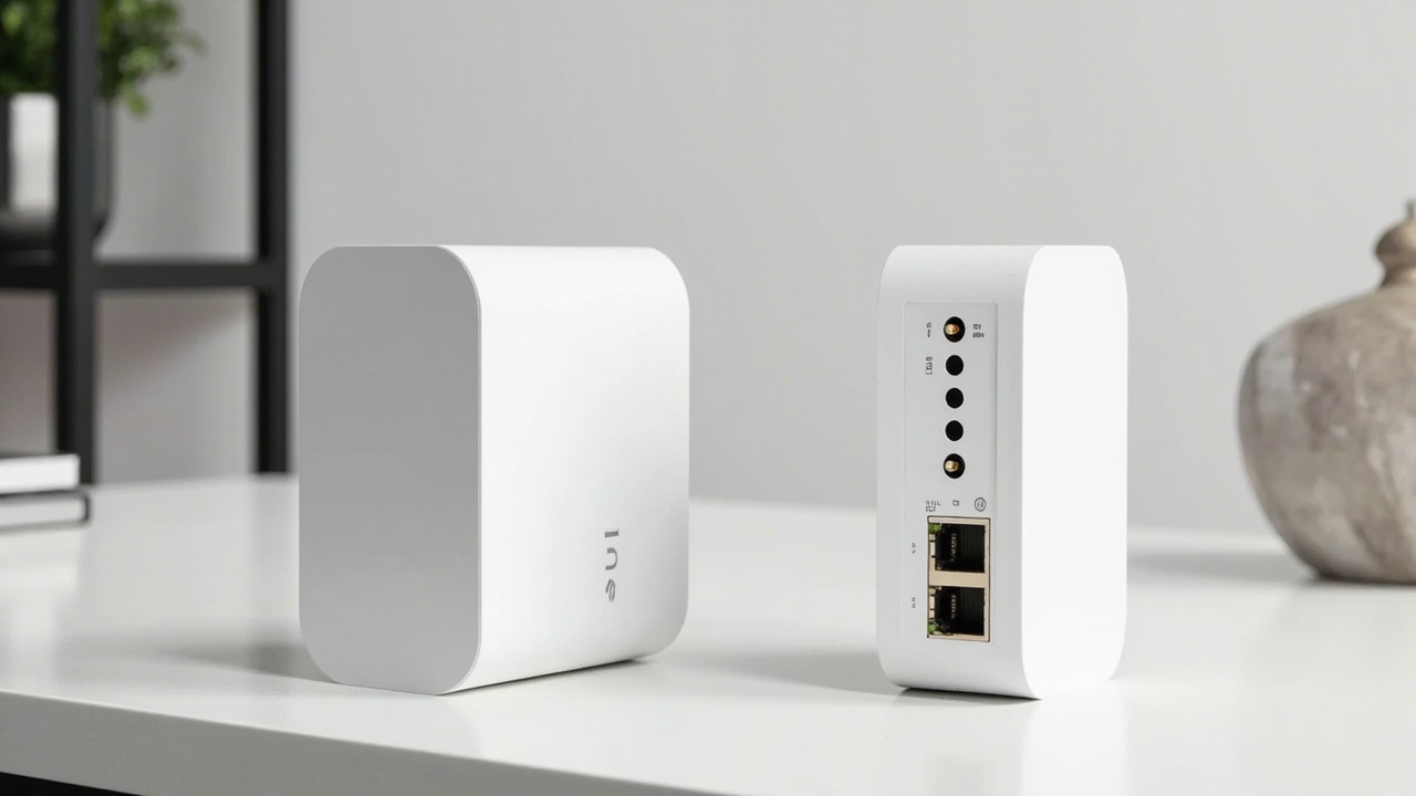 Side-by-side back view of the two mesh nodes showing their port arrays, one with multiple high-speed Ethernet ports, both on a clean desk, soft studio lighting