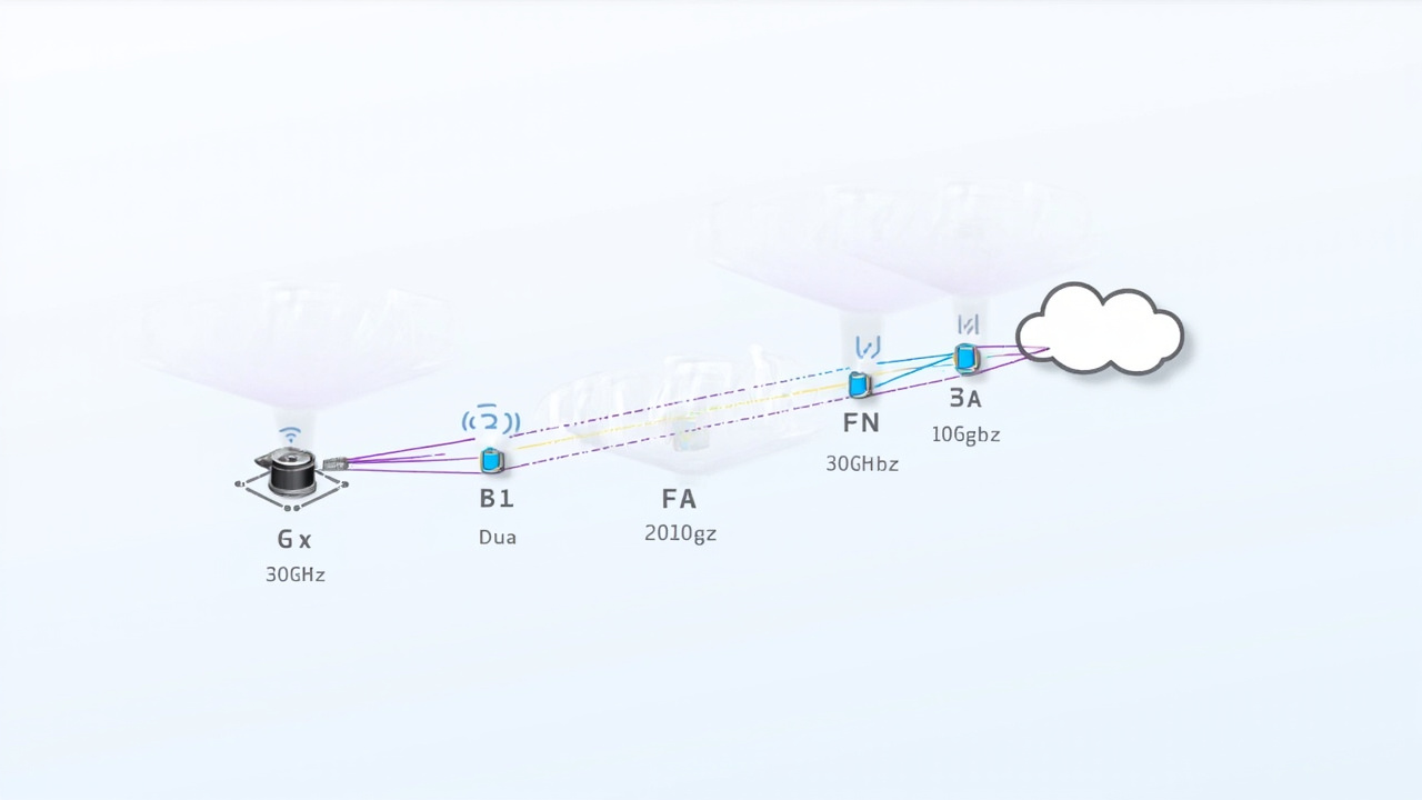 Network diagram showing dual 10GbE ports feeding into one device and dual 6 GHz bands feeding backhaul between nodes, clean infographic style, no text labels
