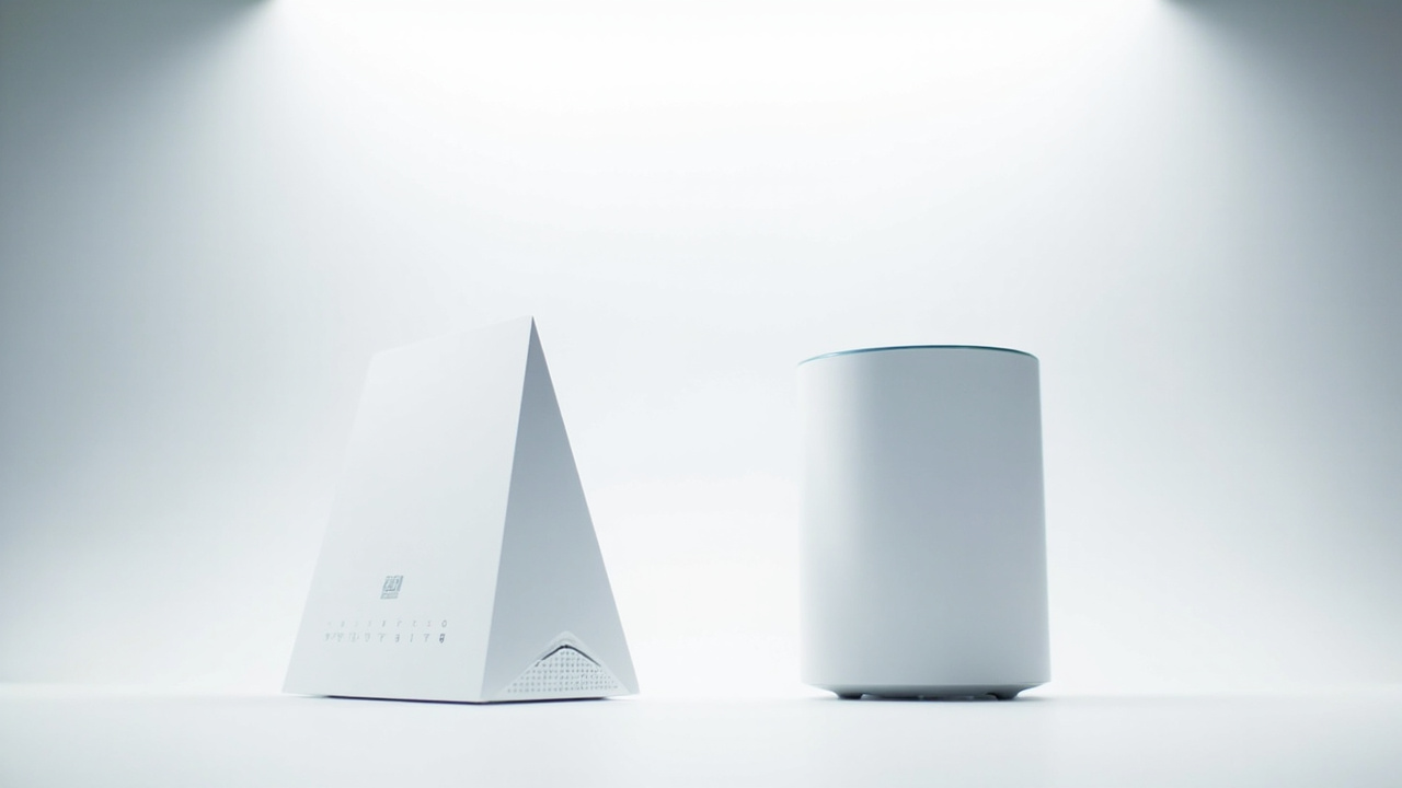 Side-by-side of the two mesh systems with one having an angular tower design and the other a more rounded cylindrical body, both lit from above, no text or logos visible