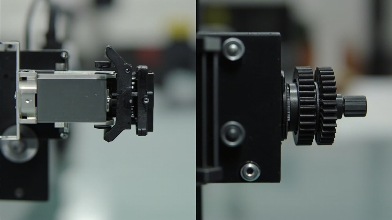 Close-up view of two printer extruder mechanisms, side by side, one showing a compact servo-based design and the other showing a direct-drive geared design, both photographed with shallow depth of field
