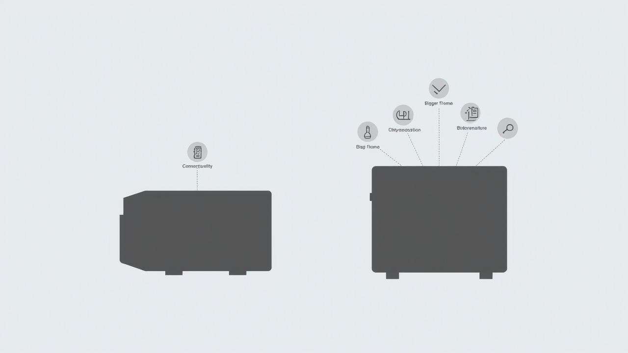 Feature comparison table style image showing two printers as silhouettes with spec callouts pointing to each one