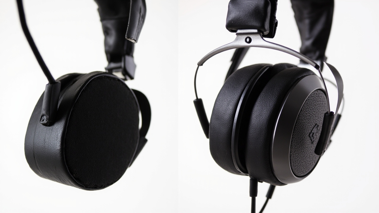 Side-by-side: Beoplay H100 with leather + aluminum + tempered glass on the left, Sennheiser HDB 630 with synthetic leather + metal on the right, both shown at three-quarter angle on a wood surface with the BTD 700 dongle and a USB-C cable in the foreground