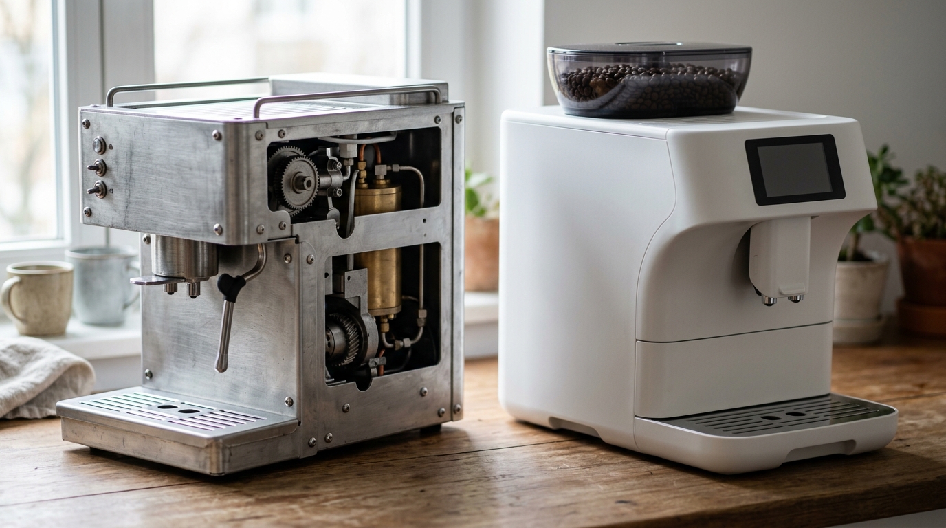 Internals comparison: portafilter assembly on the Breville vs removable brew group on the De'Longhi
