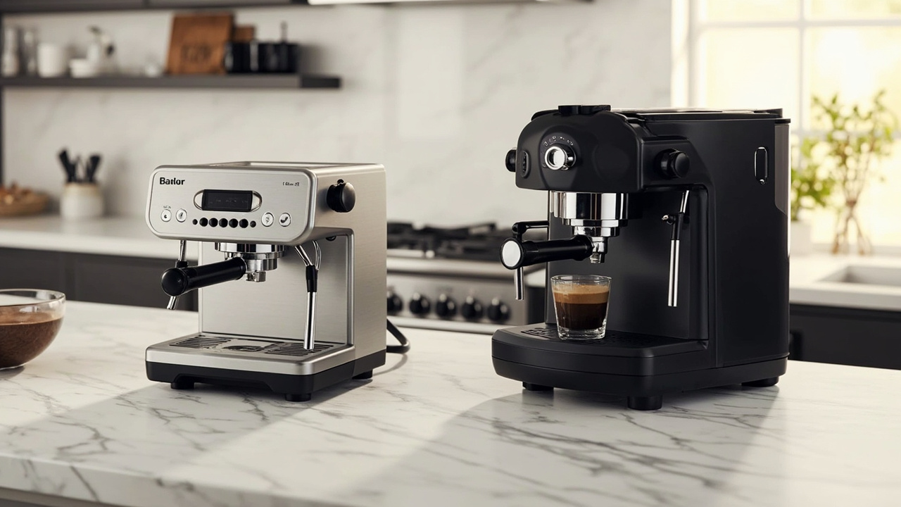 Breville Oracle Jet (left) and De'Longhi Eletta Explore (right) on a kitchen counter, both filled with morning light