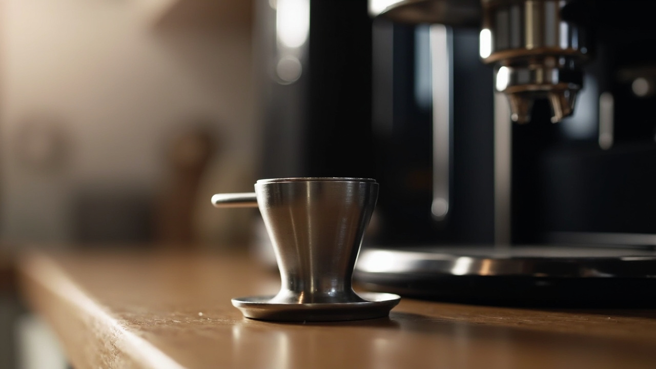 Close-up of brushed steel portafilter on Oracle Jet next to Jura's spout-and-display super-automatic front