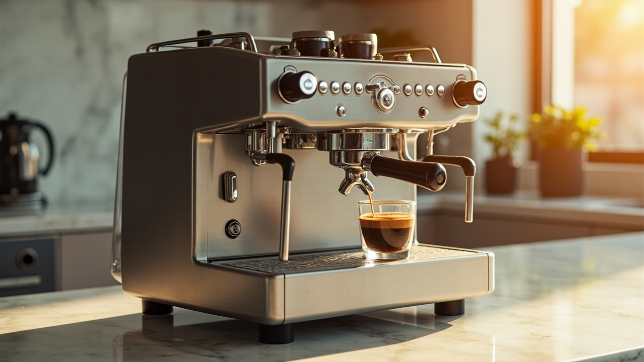Breville Oracle Jet dual-boiler hybrid espresso machine on a kitchen counter with steam wand extended