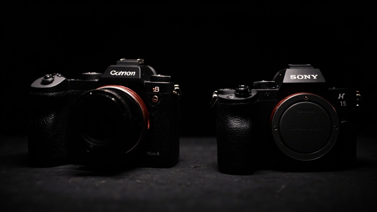 Build comparison close-up: Canon EOS R6 Mark III top deck vs Sony A7 V top deck showing dial layout, record button, and shutter release placement