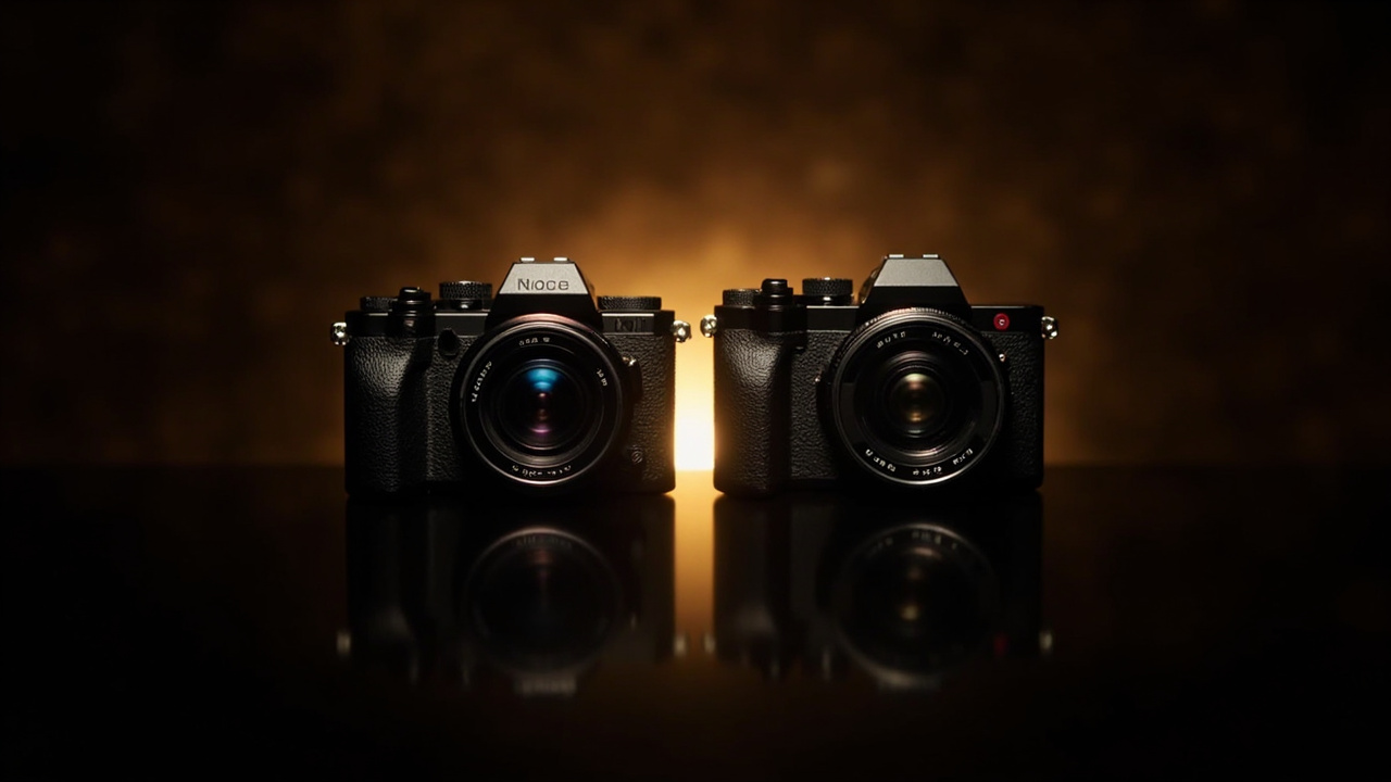 Final shot: Canon EOS R6 Mark III and Sony A7 V side by side on a photographer's workbench with three lenses each, illustrating the lens ecosystem size difference