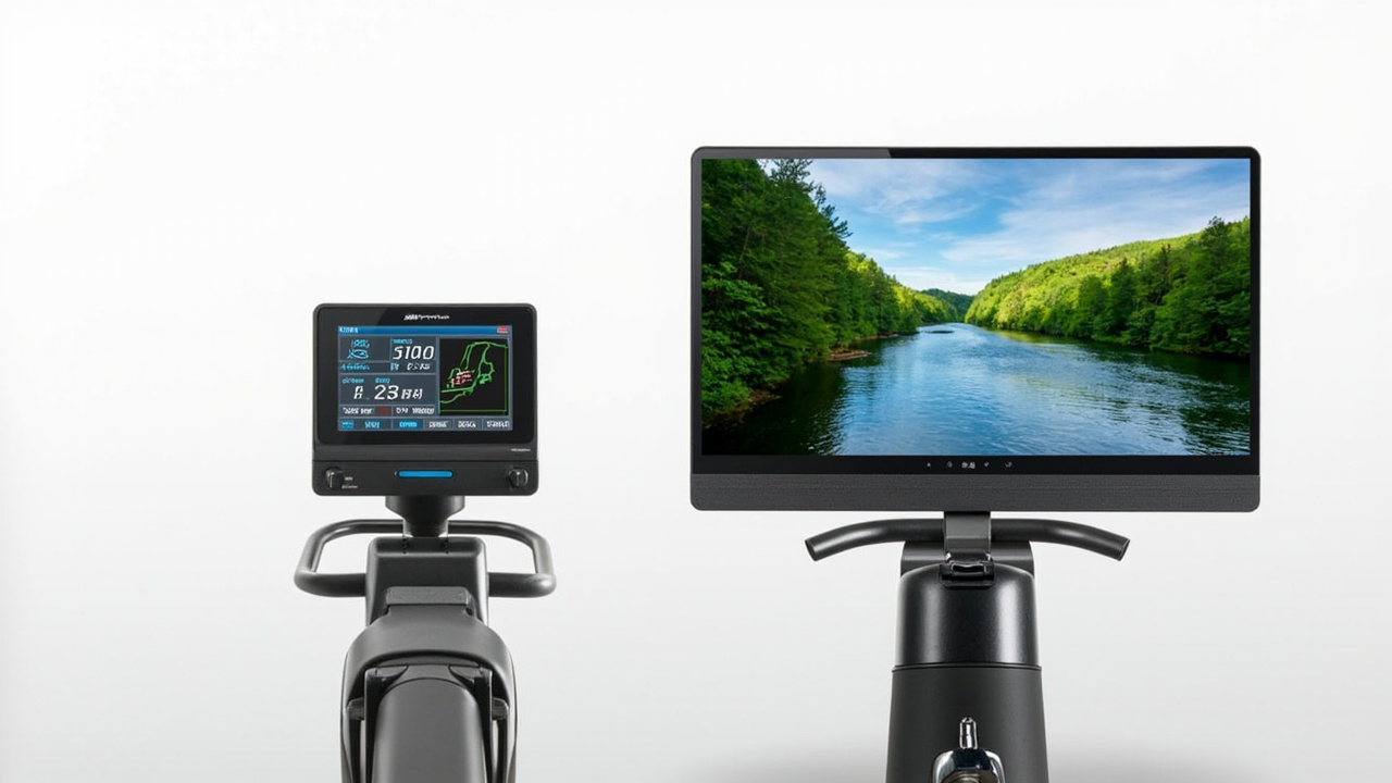 Feature comparison infographic, Concept2 RowErg's PM5 LCD monitor on the left with sample workout data versus Hydrow Wave's 16-inch HD touchscreen on the right displaying a scenic row video