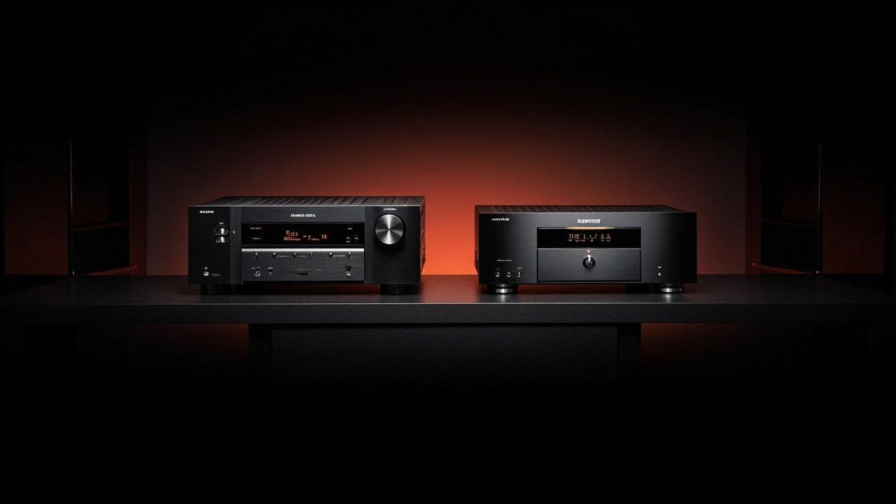 Two premium AV receivers side by side on a dark AV rack, dramatic studio lighting