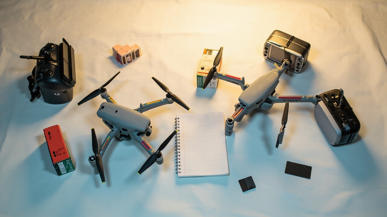 Final comparison frame: DJI Avata 360 and Antigravity A1 on a workbench with their goggles, motion controllers, and three batteries, with a notebook showing a flight log and a refilled 8K microSD card