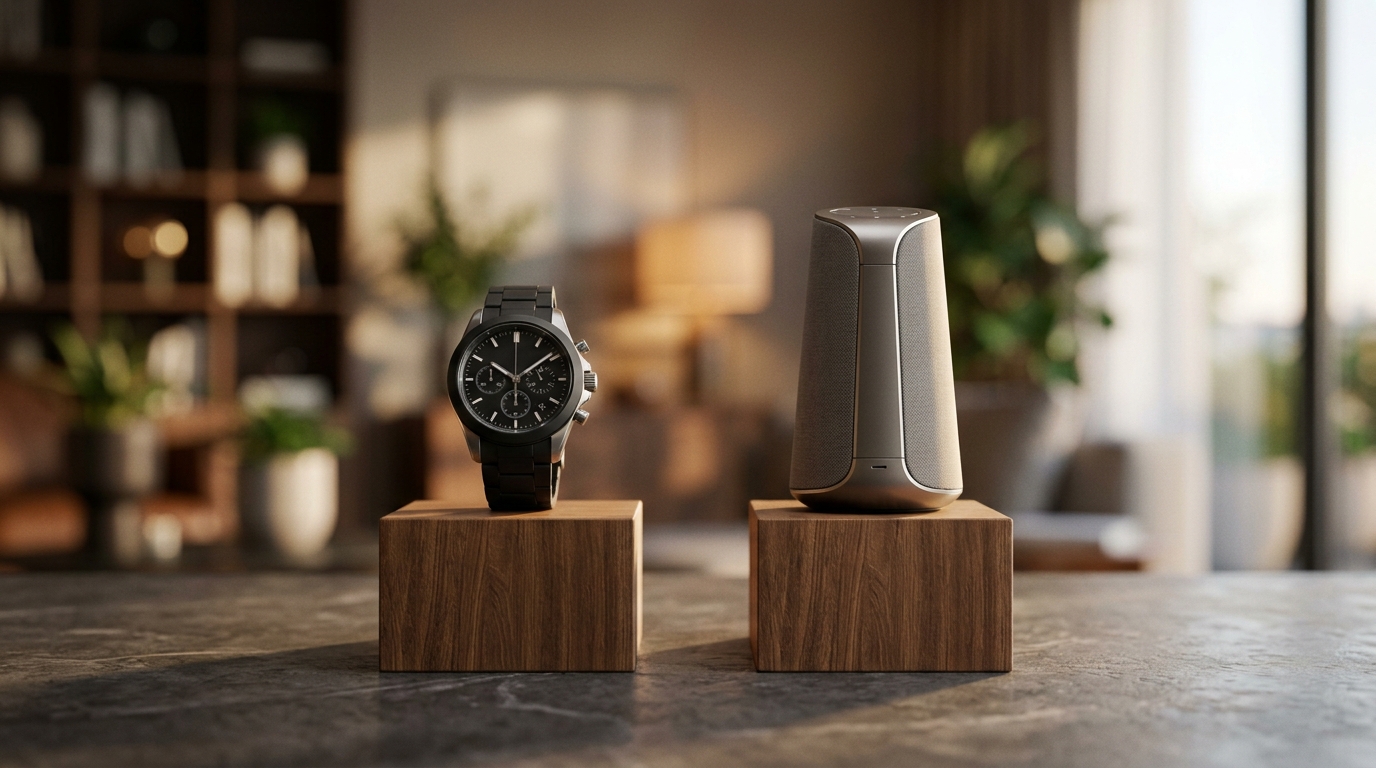 A clean studio composition of a smaller compact drone in the foreground and a larger drone with a visible second camera in the background, both with soft golden-hour rim lighting, no text, no logos, no brand names visible