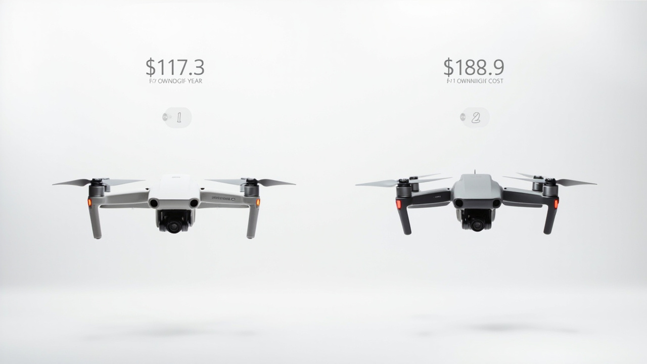 A clean infographic comparing two drones side by side with price tags and five-year ownership cost numbers, minimalist layout, soft studio lighting, no text, no logos, no brand names visible