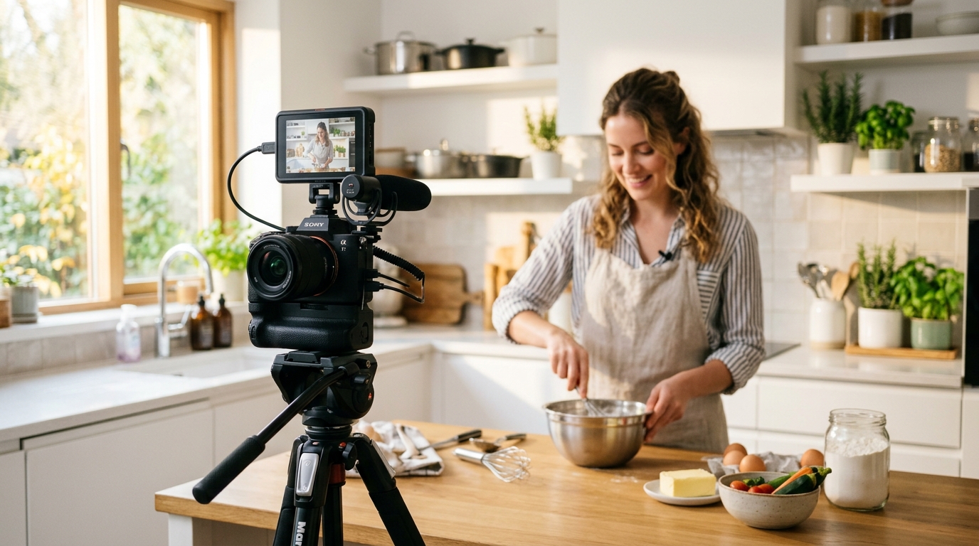 DJI Osmo Pocket 4 with its creator combo accessories next to a Sony ZV-E10 II on a wooden desk with soft window light