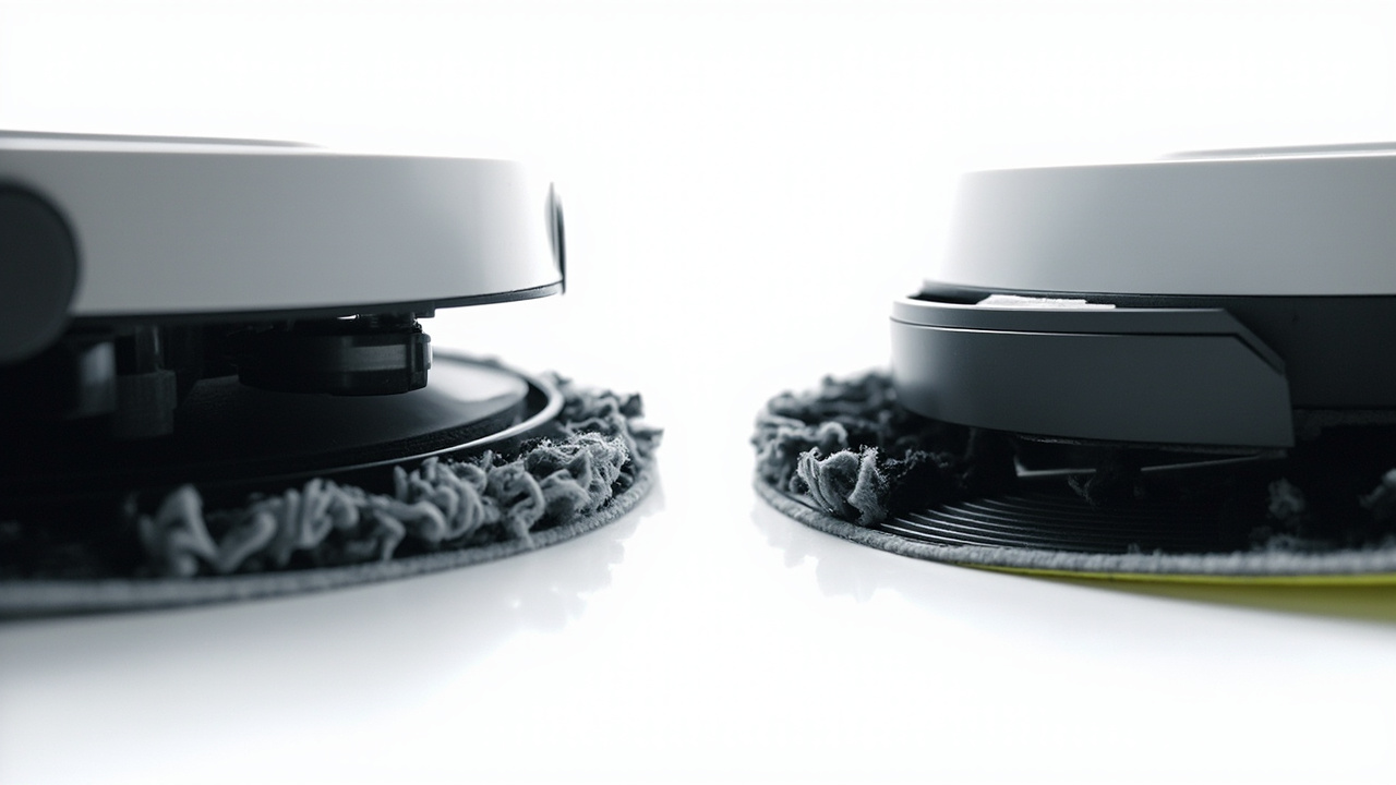 Cutaway diagram of roller-mop scraper vs flat-pad mop architecture side by side