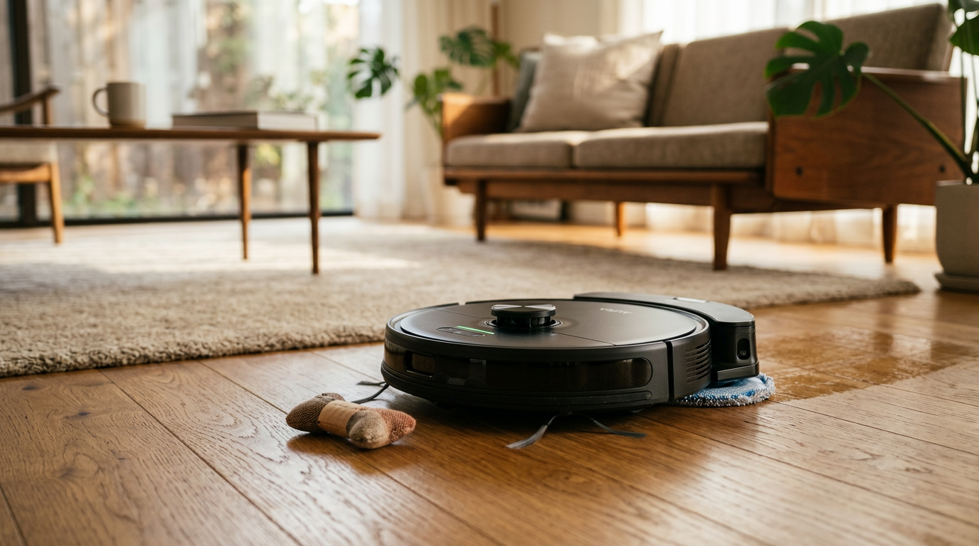Dreame X60 Ultra and Roborock S8 MaxV Ultra side by side on a clean modern floor, both docked at their all-in-one stations