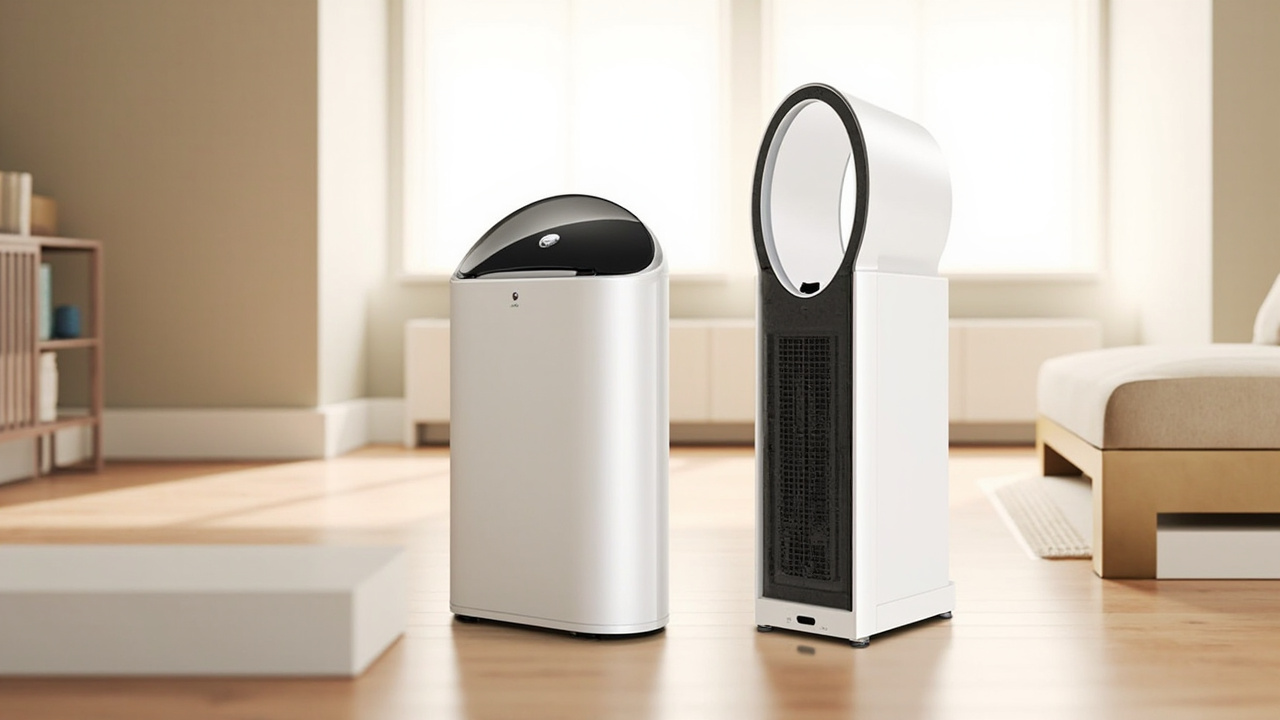 Dyson Big+Quiet Formaldehyde BP03 and IQAir HealthPro Plus standing on a hardwood floor in a modern living room