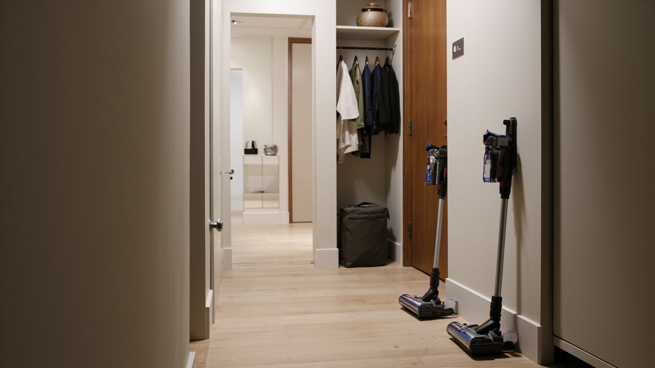Side-by-side final view of Dyson V16 Piston Animal stick and Samsung Bespoke AI Jet Ultra with Clean Station dock in a modern home setting