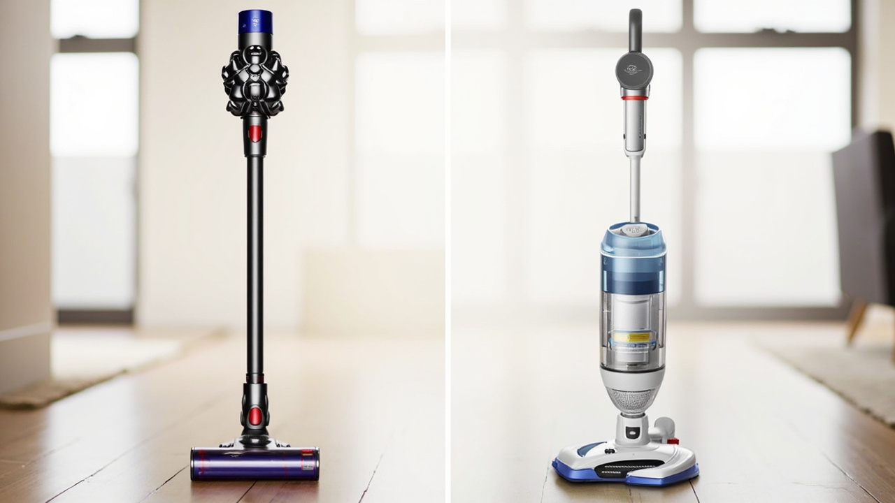 Dyson V16 Piston Animal and Tineco Floor One S9 Artist side by side on a hardwood floor in a modern kitchen