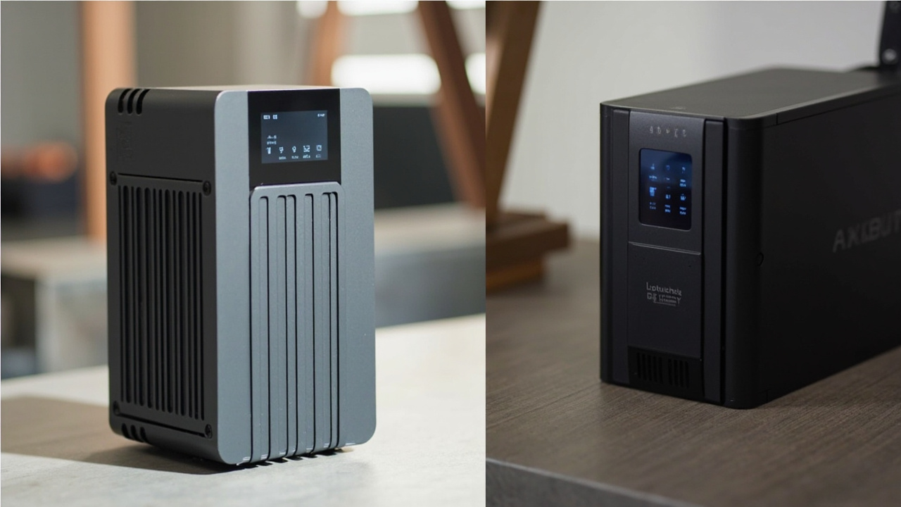 Two power stations powering a modern home during a blackout: EcoFlow and Anker units each running a fridge, internet router, and lamp in a dimly lit kitchen