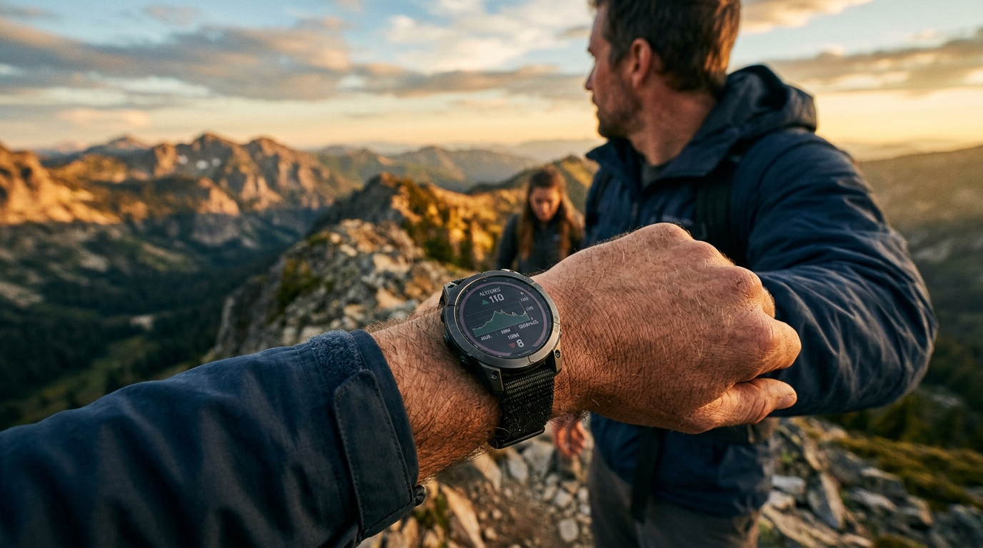 Galaxy Watch Ultra 2025 on the left in Titanium Silver and Fenix 9 Pro Sapphire on the right in Titanium with Carbon Gray DLC, both on a wood desk with a topo map spread underneath, photographed from above with warm window light