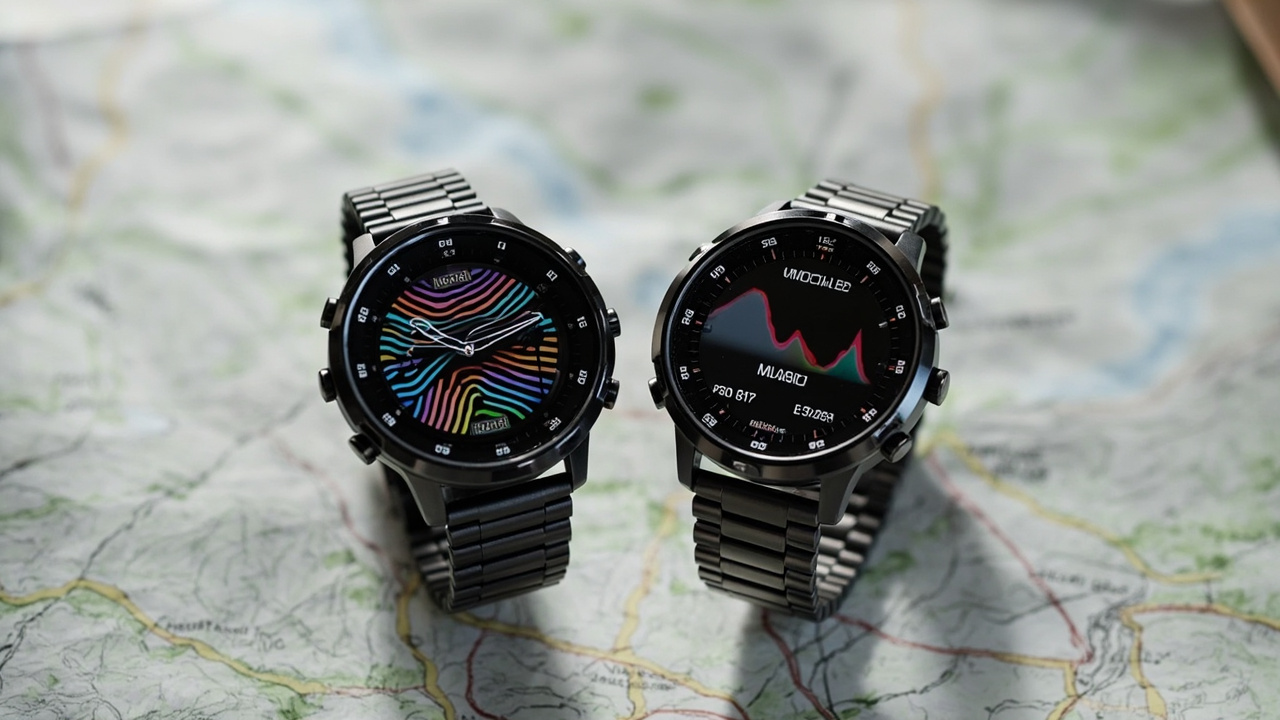 Side-by-side comparison of Garmin Fenix 9 Pro Sapphire and Coros Vertix 2s on a trail map background