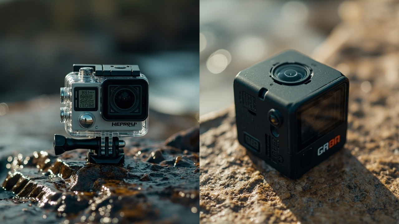 Side-by-side feature comparison infographic: Mission 1 Pro vs Osmo Action 6 sensor sizes, slow-motion framerates, internal storage, variable aperture, audio specs