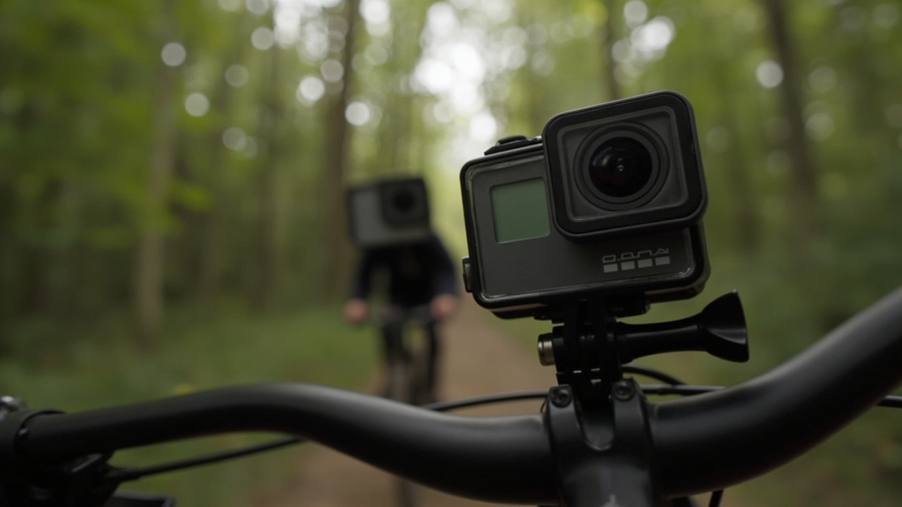 Two 2026 flagship action cameras side by side on a mountain bike helmet mount, one with a 1-inch sensor body and one with a slightly slimmer dual-aperture body, both showing the same vivid sunrise trail scene on their rear screens