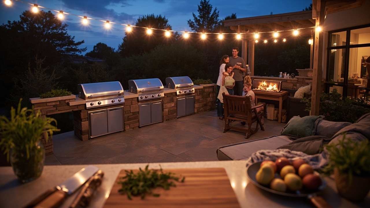Final wide shot of an outdoor kitchen island at twilight with a built-in grill lit up, surrounded by a seating area, capturing the full lifestyle context of a $4,000–$9,000 outdoor kitchen investment