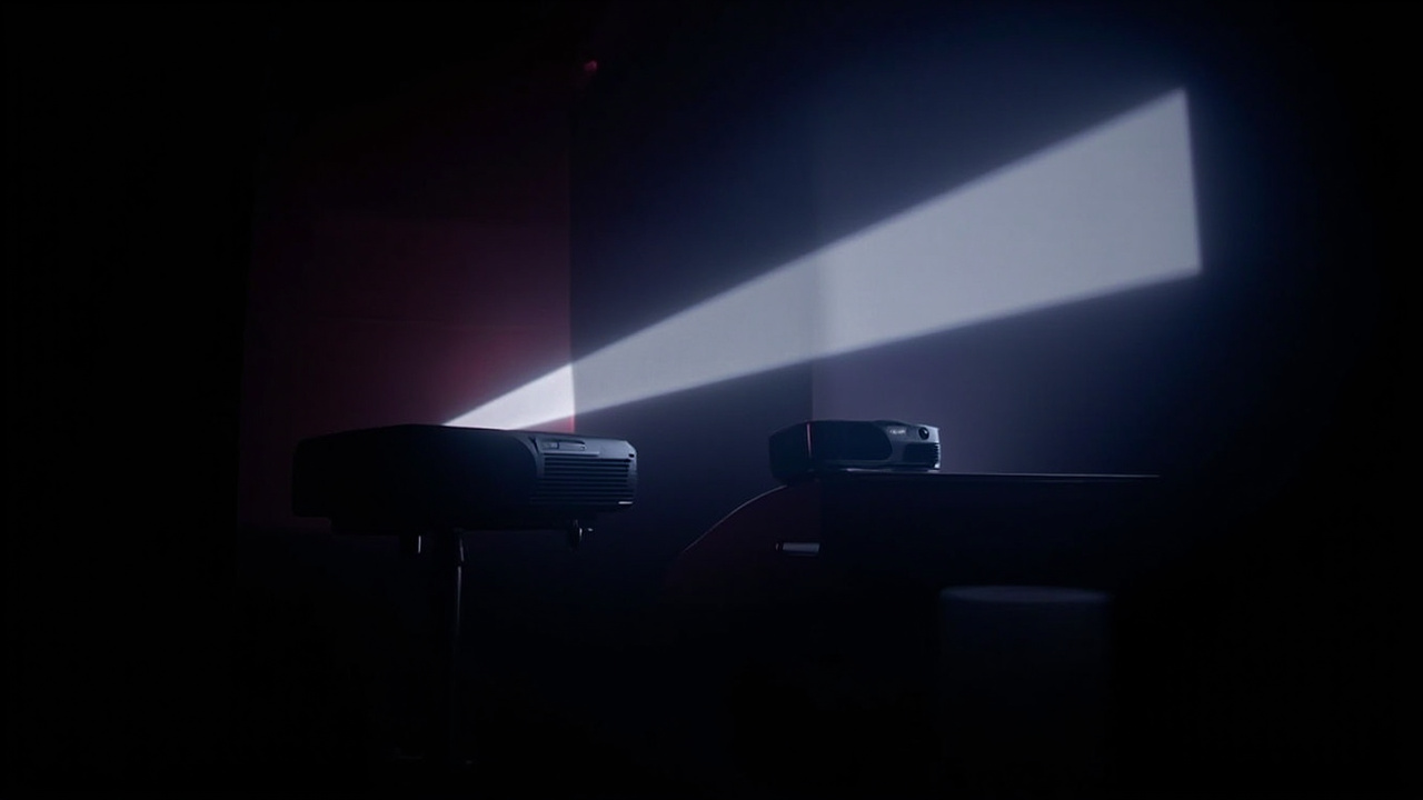 Hisense PX3-PRO and AWOL Vision Aetherion Max placed on low media consoles in a side-by-side living-room setup, soft daylight, no ambient clutter, photographic comparison shot