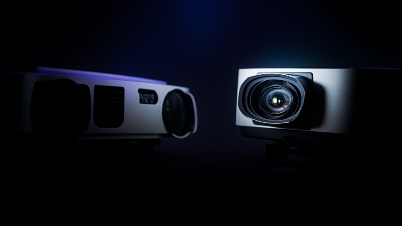 Close-up side-by-side: Hisense PX3-PRO chassis detail on the left, AWOL Vision Aetherion Max chassis detail on the right, both photographed in soft studio light without any text overlays