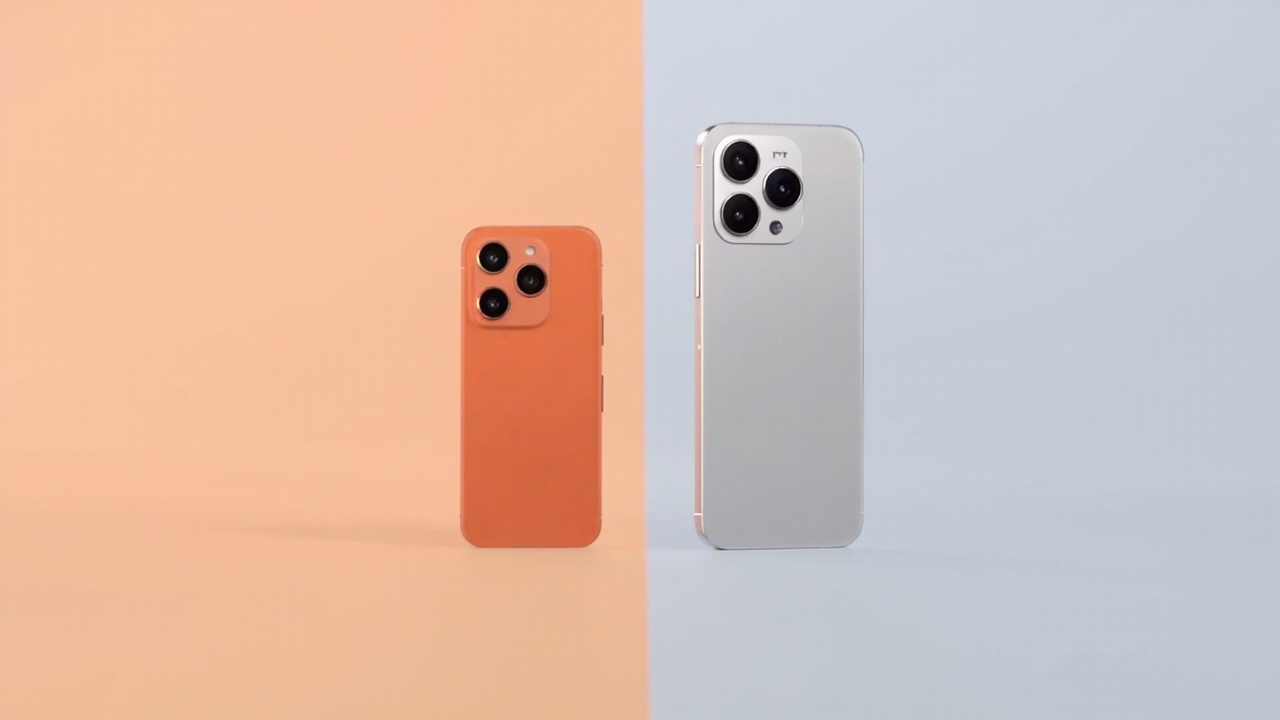 iPhone 17 Pro in Cosmic Orange next to iPhone 17 Pro Max in Deep Blue, profile view on a marble surface