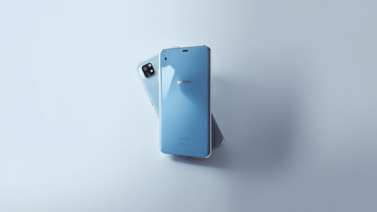 iPhone Air in Sky Blue next to iPhone 17 Pro in Cosmic Orange, profile view on a marble surface