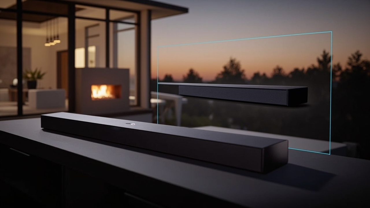 Final hero visual: a single sleek soundbar centered on a media console in a modern living room at dusk, warm ambient lighting, split-screen overlay showing both the KEF XIO and Sonos Arc Ultra side by side for a closing comparison moment