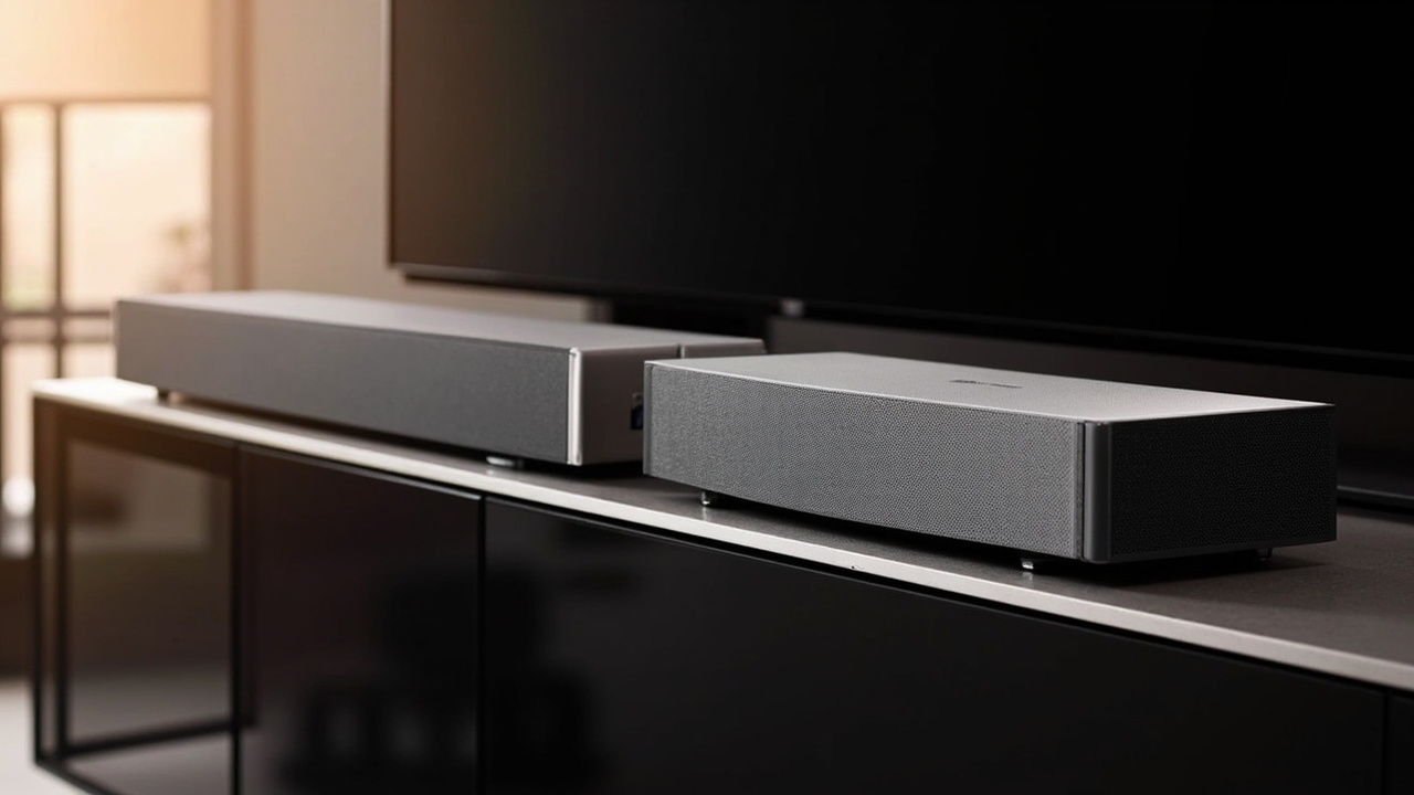 KEF XIO and Sonos Arc Ultra soundbars side by side on a media console, both sleek single-cabinet Dolby Atmos designs with metallic finishes