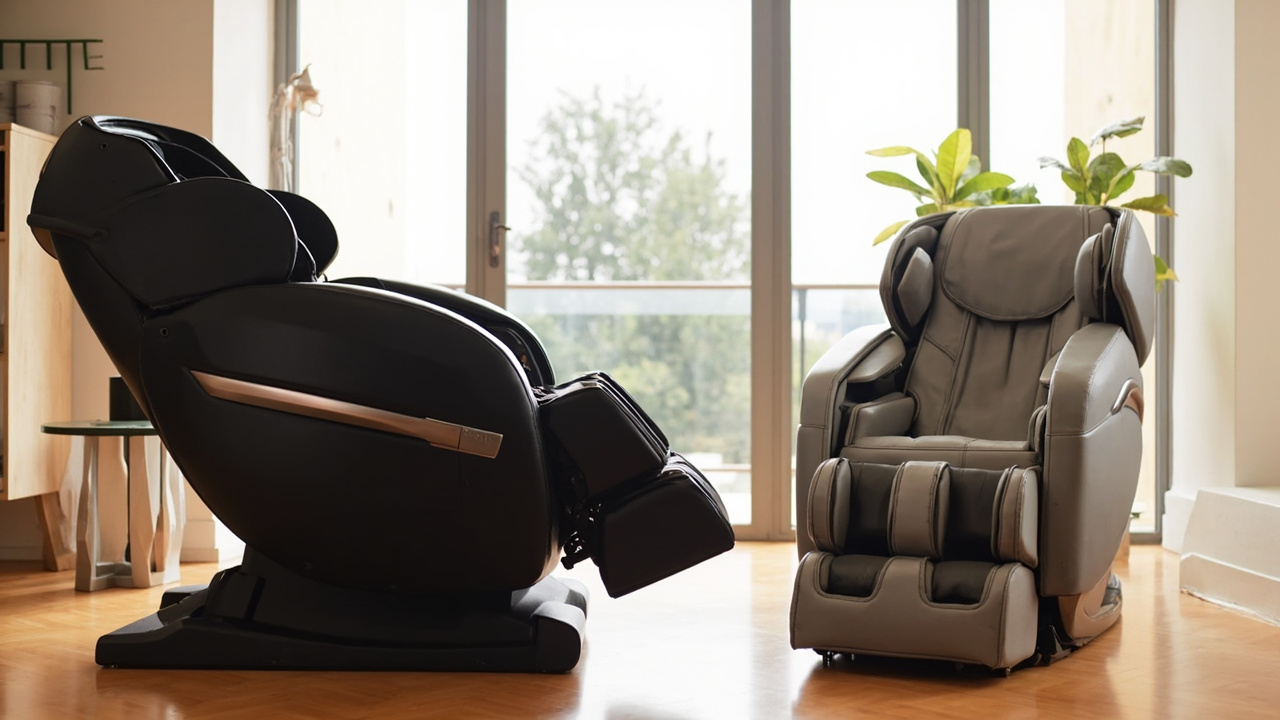 Side-by-side comparison of a premium massage chair and a mid-range massage chair in a modern living room