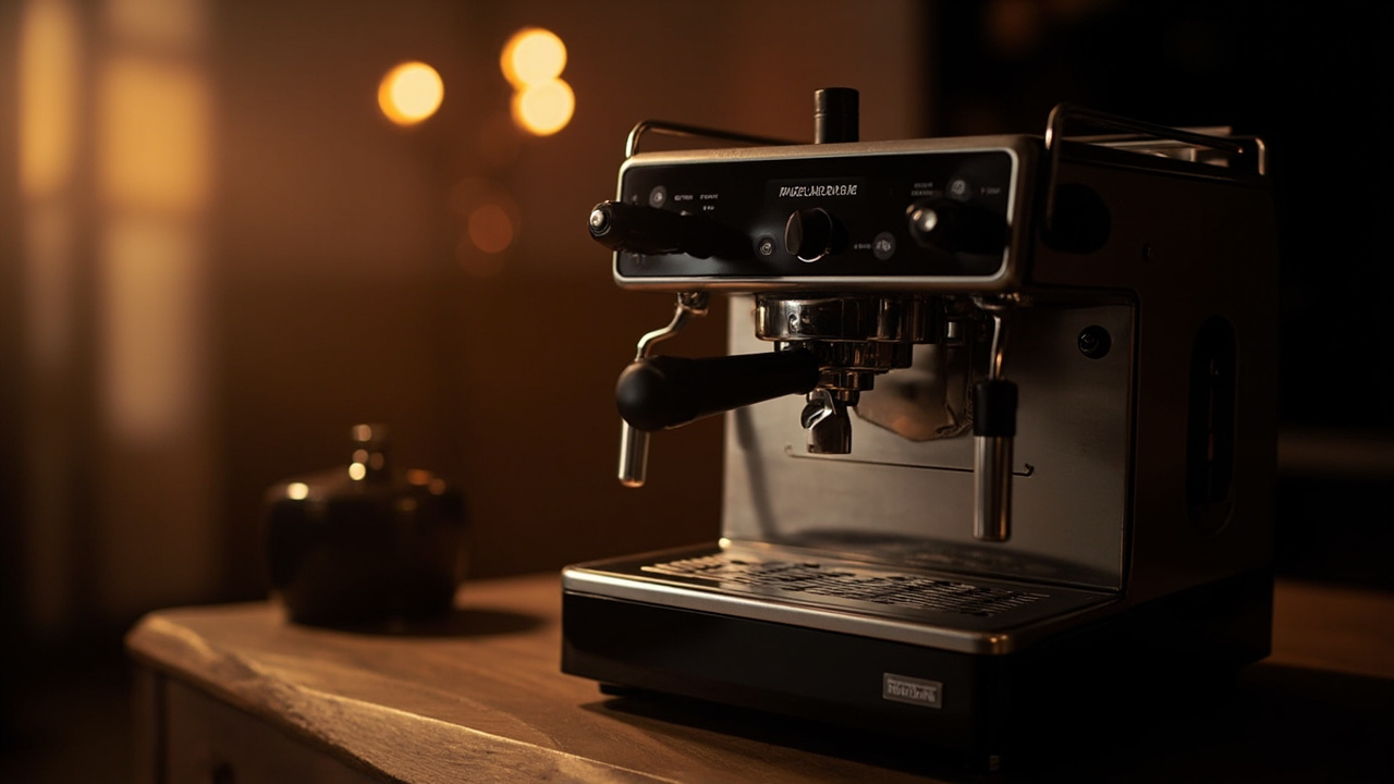 Two espresso machines side by side, polished stainless steel and matte black finish, in a warm home kitchen, soft side lighting, no text, no logos emphasized