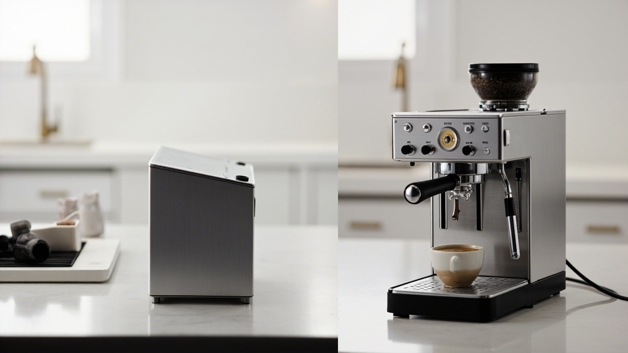 La Marzocco Linea Micra and Profitec Pro 700 placed side by side on a kitchen counter with warm morning light