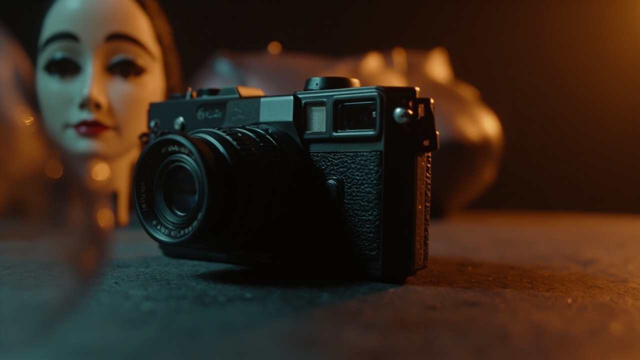 Two premium compact cameras on a wooden tabletop next to a half-unwound film roll and a small notebook — one full-frame black-bodied camera with a prominent lens and red dot on the left, and one retro-styled silver and black rangefinder-style camera on the right, lit by soft window light from the left