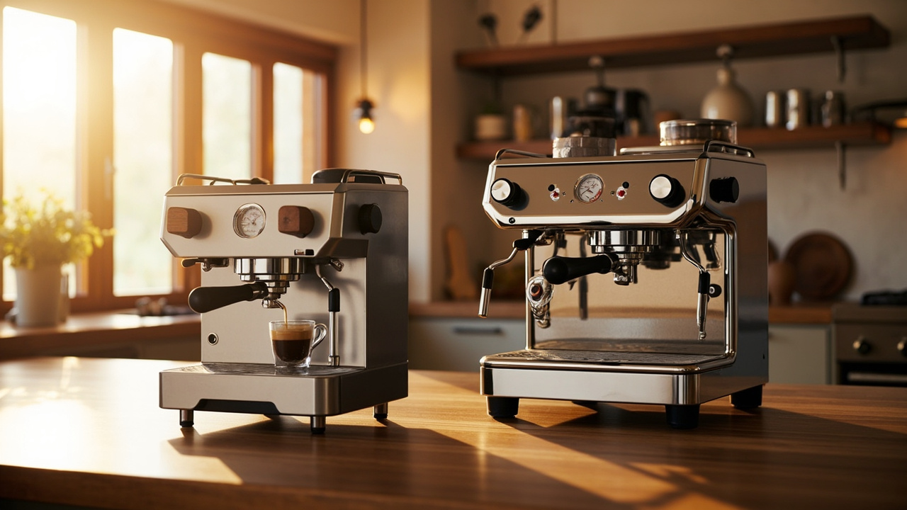 Lelit Bianca V3 (left) and Profitec Pro 700 (right) side by side on a wood kitchen counter, both filled with morning light