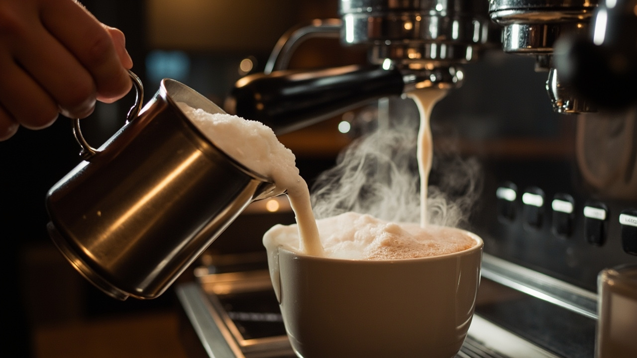 Comparison of steamed milk pitcher next to both machines, showing steam wand articulation and dry steam output