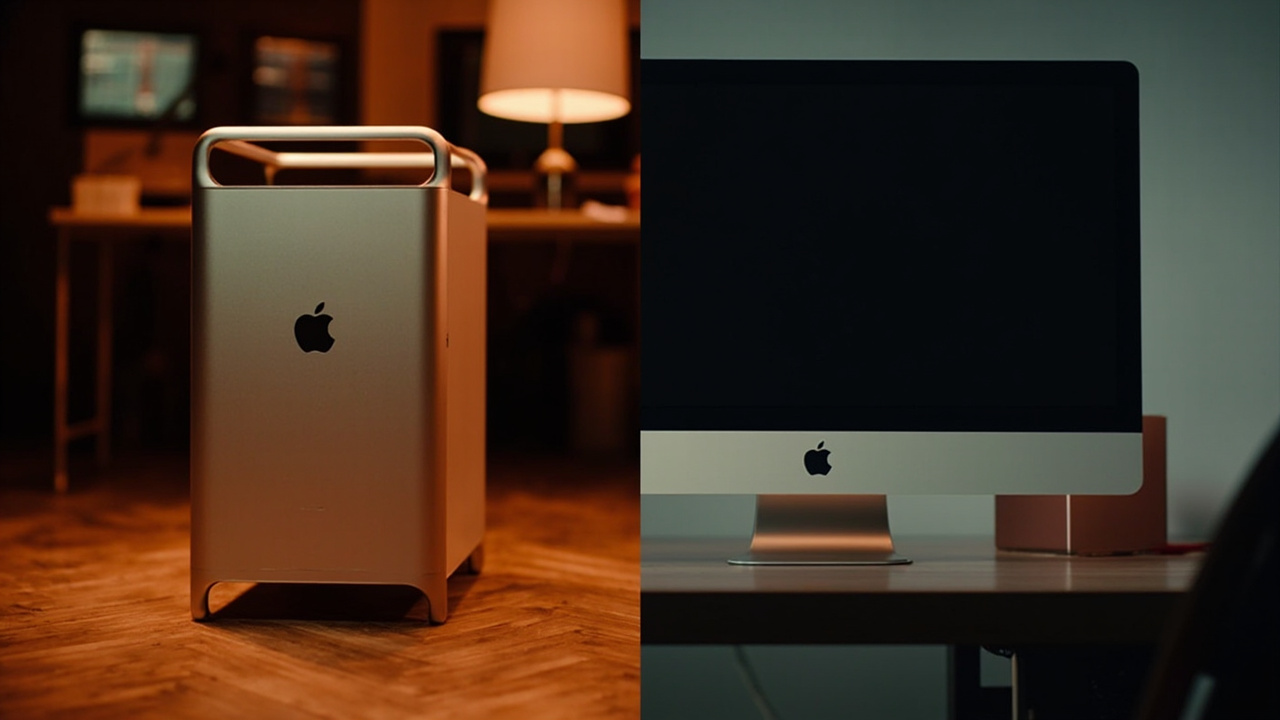 Mac Pro tower and Mac Studio on a wooden desk in a studio environment