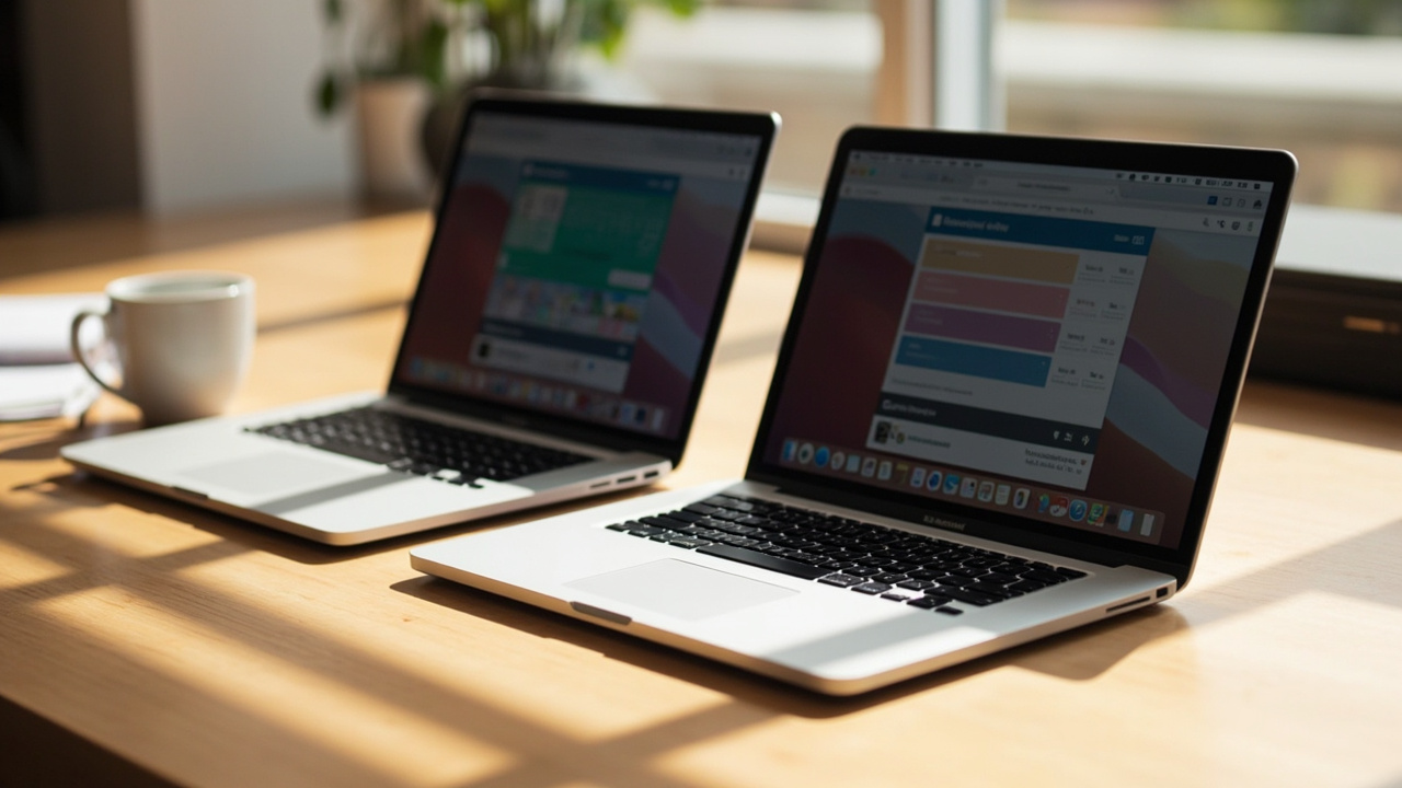 MacBook Pro 14 M5 Pro and MacBook Pro 16 M5 Pro placed side by side on a wooden desk with a coffee mug and notebook