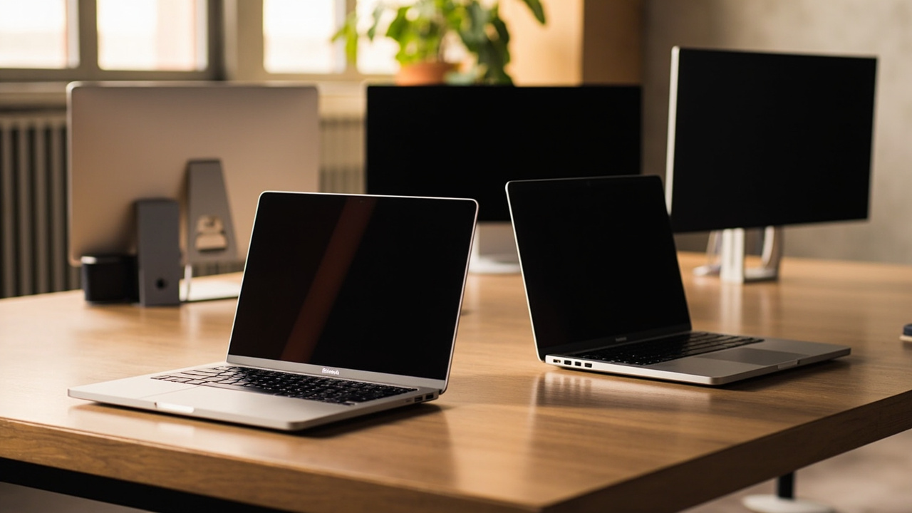 MacBook Pro 16 in Space Black alongside Dell XPS 16 in Platinum, both open with matching external monitors behind them on a clean walnut desk