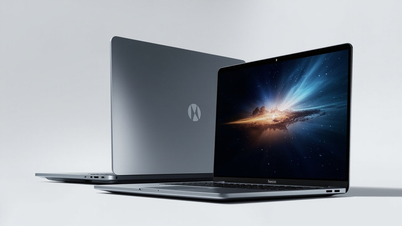 Split-screen comparison: MacBook Pro 16 M5 Pro in Space Black on the left, Dell XPS 16 in Platinum on the right